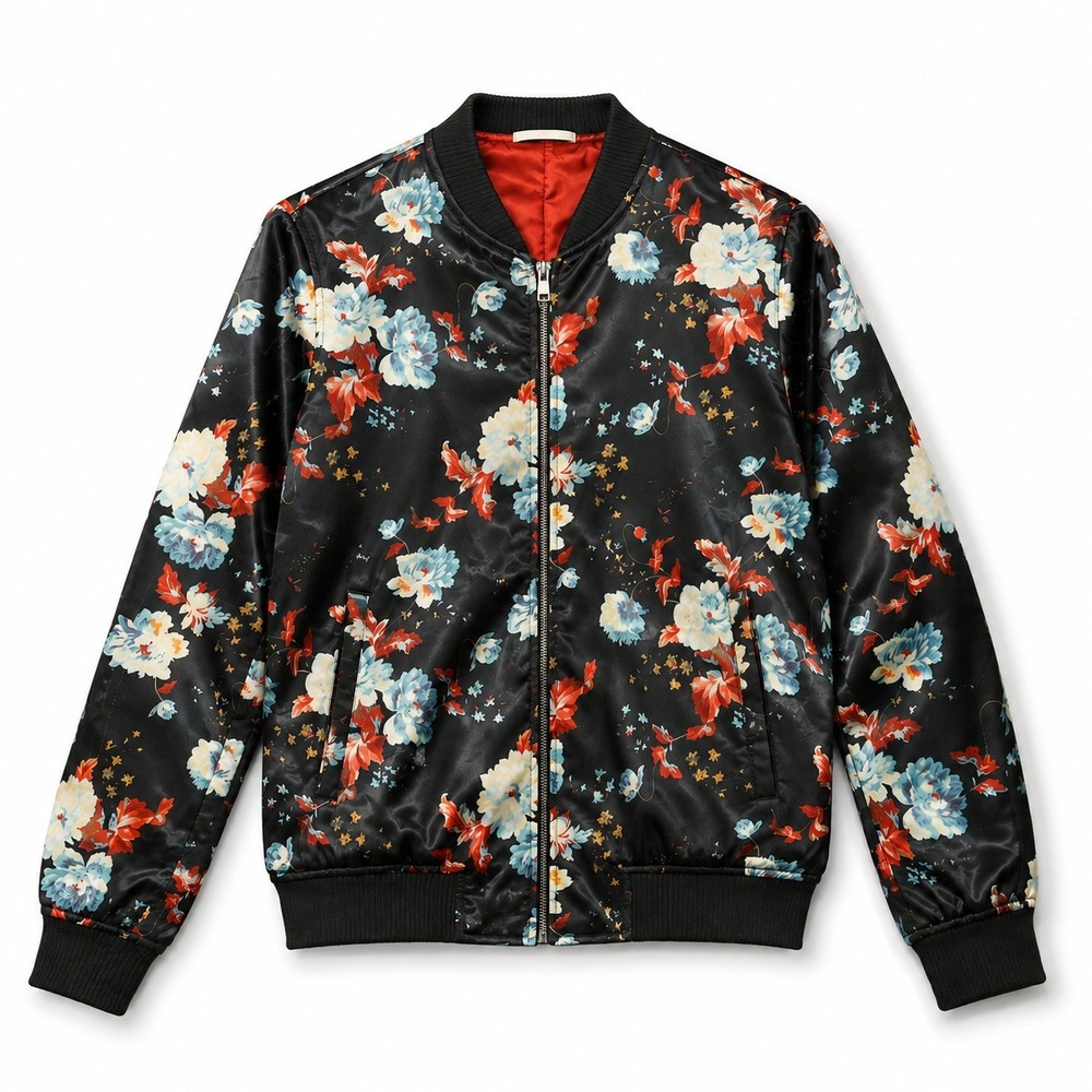 KAFFE Floral Satin Bomber Jacket Black Zip Lightweight Women's Small EU 36